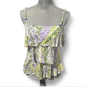Candie's Floral Tiered Dress - Green, Purple, Cream